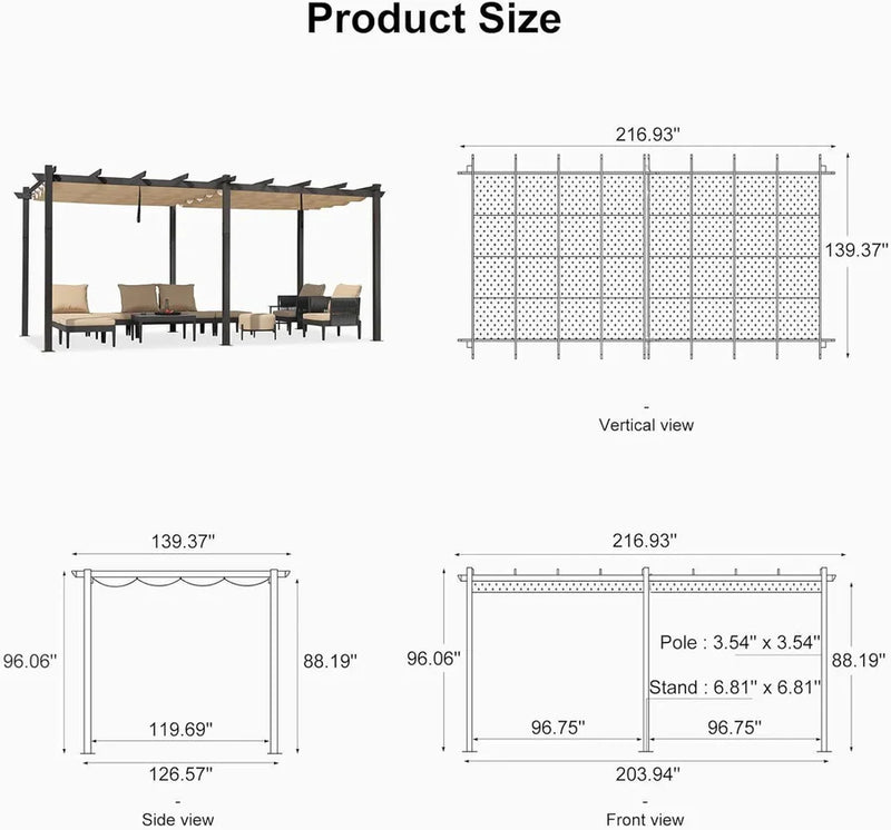 PURPLE LEAF Outdoor Pergola with Retractable Canopy Aluminum Shelter for Porch Garden Beach