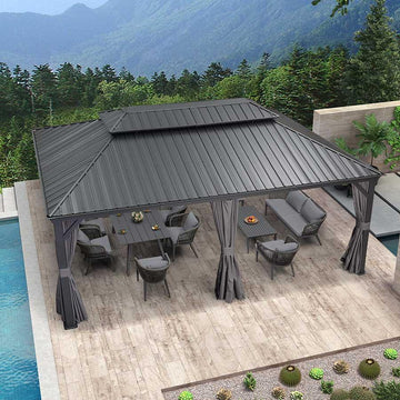 PURPLE LEAF Patio Gazebo for Backyard Grey Hardtop Galvanized Steel Roof Awning with Upgrade Curtain