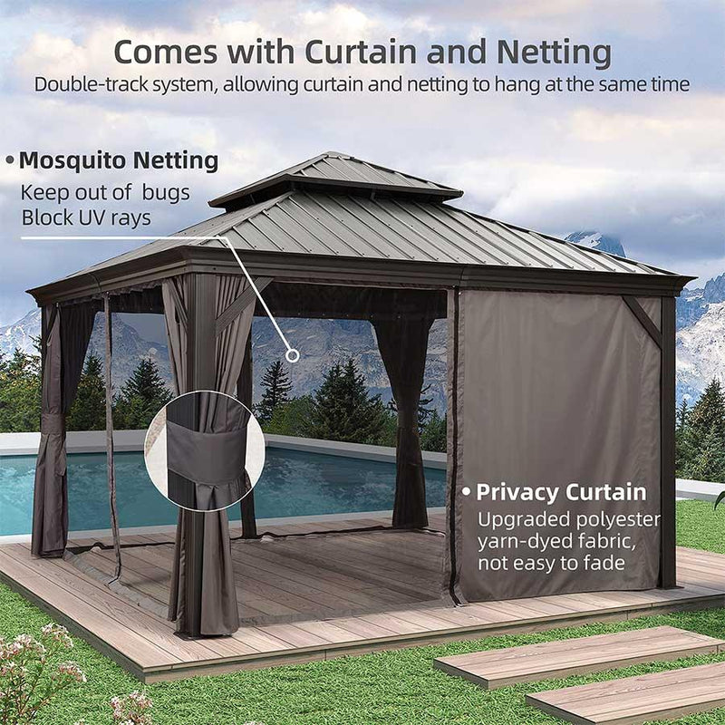 PURPLE LEAF Patio Gazebo for Backyard Grey Hardtop Galvanized Steel Roof Awning with Upgrade Curtain