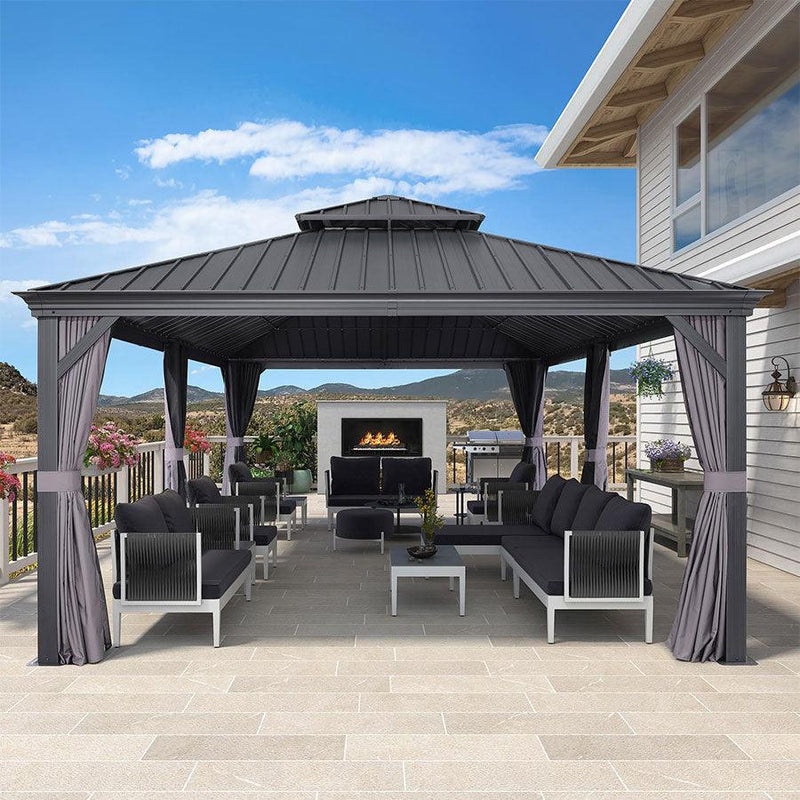 PURPLE LEAF Patio Gazebo for Backyard Grey Hardtop Galvanized Steel Roof Awning with Upgrade Curtain