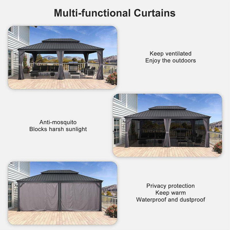 PURPLE LEAF Patio Gazebo for Backyard Grey Hardtop Galvanized Steel Roof Awning with Upgrade Curtain