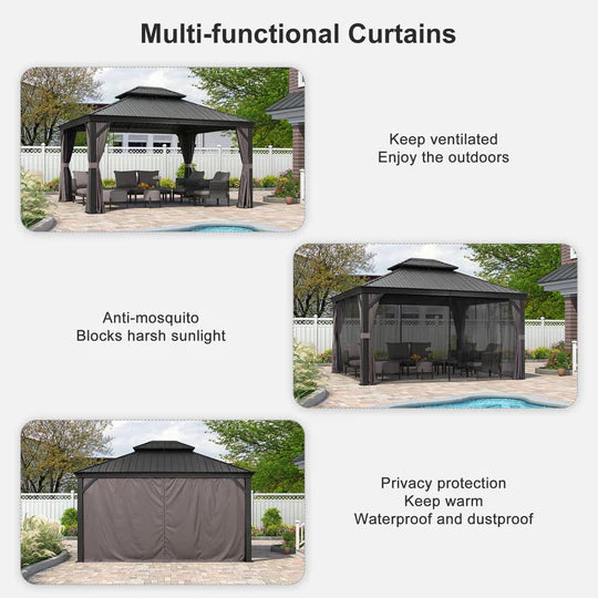 PURPLE LEAF Patio Gazebo for Backyard Grey Hardtop Galvanized Steel Roof Awning with String Lights-clear