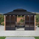 PURPLE LEAF Sunroom Hardtop Gazebo with Wood Grain Columns Black Frame Double Roof Galvanized Steel Solarium All-Weather Screen House with String Lights