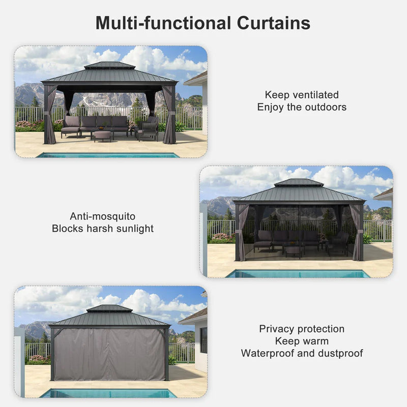 PURPLE LEAF Patio Gazebo for Backyard Grey Hardtop Galvanized Steel Roof Awning with String Lights-clear