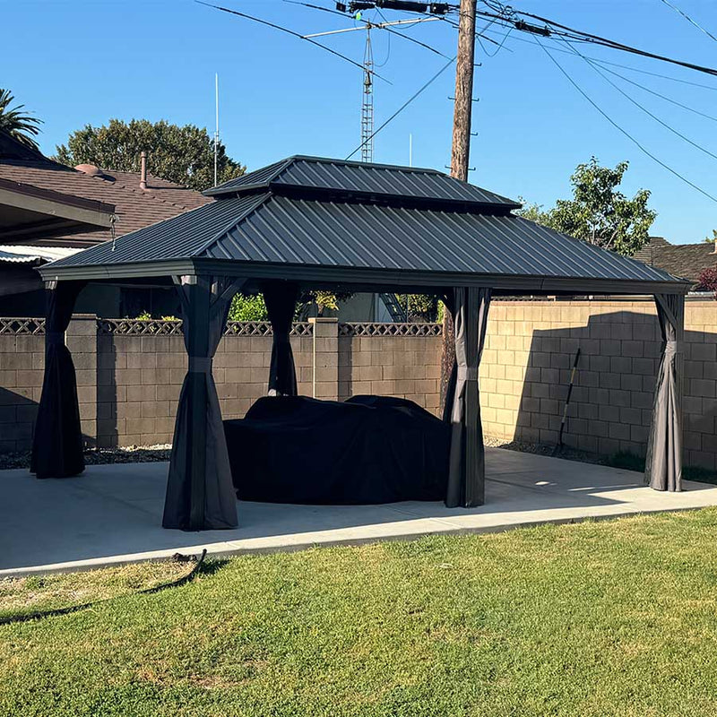 PURPLE LEAF Patio Gazebo for Backyard Grey Hardtop Galvanized Steel Roof Awning with Upgrade Curtain