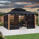 PURPLE LEAF Sunroom Hardtop Gazebo with Wood Grain Columns Black Frame Double Roof Galvanized Steel Solarium All-Weather Screen House with String Lights