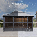 PURPLE LEAF Sunroom Hardtop Gazebo Solarium Grey Galvanized Steel Double Roof All-Weather Aluminum Outdoor Screen House with String Lights