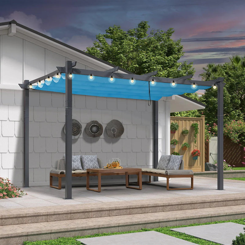 PURPLE LEAF Outdoor Retractable Pergola Patio Shelter for Garden Porch Beach Pavilion Grill Gazebo with Lights