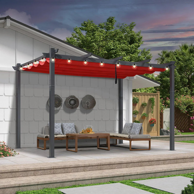 PURPLE LEAF Outdoor Retractable Pergola Patio Shelter for Garden Porch Beach Pavilion Grill Gazebo with Lights