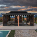 PURPLE LEAF Sunroom Hardtop Gazebo with Wood Grain Columns Black Frame Double Roof Galvanized Steel Solarium All-Weather Screen House with String Lights