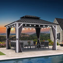 PURPLE LEAF Modern Gazebo Grey Hardtop Galvanized Steel Double Roof White Aluminum Poles with Curtains and Netting