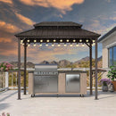PURPLE LEAF Hardtop Grill Gazebo for Patio Bronze&Grey Permanent Metal Roof Outside Sun Shade Outdoor BBQ Canopy with String Lights
