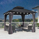 PURPLE LEAF Grey Hardtop Gazebo with Heavy Duty Galvanized Steel Double Roof with String Lights-milky