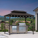 PURPLE LEAF Hardtop Grill Gazebo for Patio Bronze&Grey Permanent Metal Roof Outside Sun Shade Outdoor BBQ Canopy with String Lights