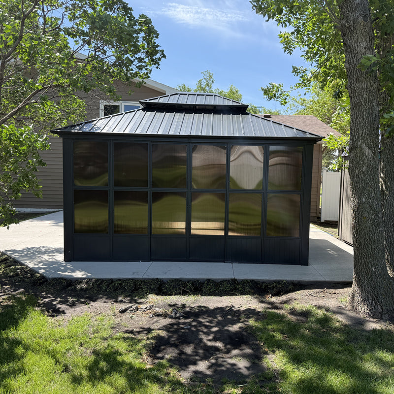 PURPLE LEAF Sunroom Hardtop Gazebo Solarium Grey Galvanized Steel Double Roof All-Weather Aluminum Outdoor Screen House