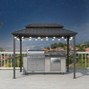 PURPLE LEAF Hardtop Grill Gazebo for Patio Bronze&Grey Permanent Metal Roof Outside Sun Shade Outdoor BBQ Canopy with String Lights