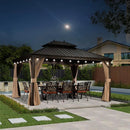 PURPLE LEAF Outdoor Hardtop Gazebo for Garden Bronze Double Roof Aluminum Frame Pavilion with String Lights-milky