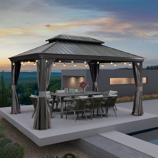 PURPLE LEAF Patio Gazebo for Backyard Grey Hardtop Galvanized Steel Roof Awning String Lights-milky