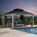 PURPLE LEAF Modern Gazebo Grey Hardtop Galvanized Steel Double Roof White Aluminum Poles with Curtains and Netting