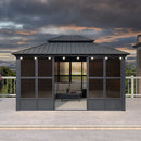 PURPLE LEAF Sunroom Hardtop Gazebo Solarium Grey Galvanized Steel Double Roof All-Weather Aluminum Outdoor Screen House with String Lights