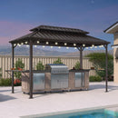 PURPLE LEAF Hardtop Grill Gazebo for Patio Bronze&Grey Permanent Metal Roof Outside Sun Shade Outdoor BBQ Canopy with String Lights