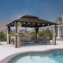 PURPLE LEAF Outdoor Hardtop Gazebo Bronze Metal Frame Galvanized Steel Double Roof with Curtains and Netting for Patio Desk Backyard
