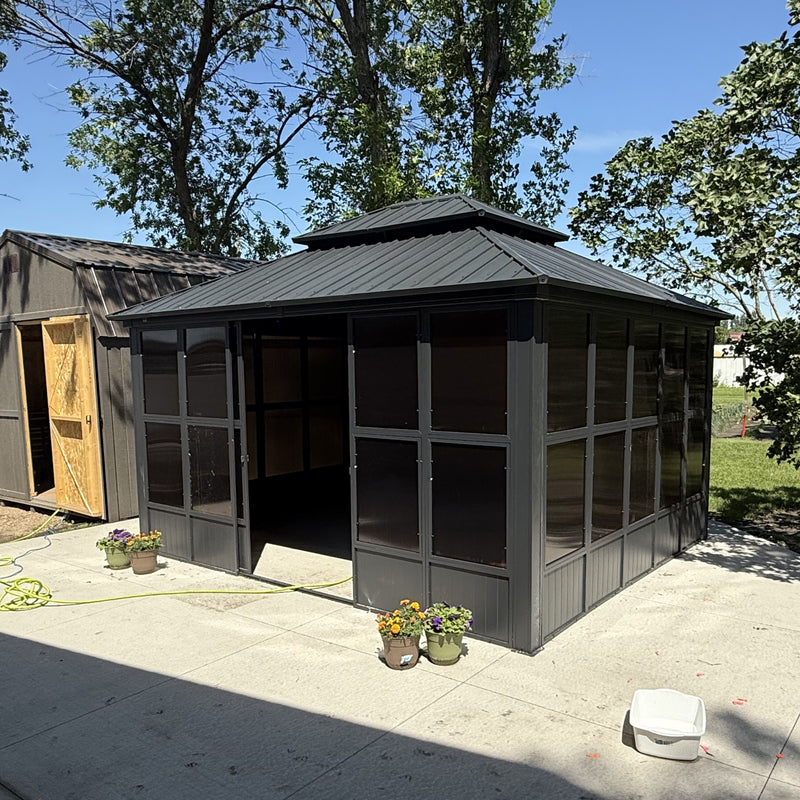 PURPLE LEAF Sunroom Hardtop Gazebo Solarium Grey Galvanized Steel Double Roof All-Weather Aluminum Outdoor Screen House