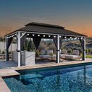 PURPLE LEAF Modern Gazebo Grey Hardtop Galvanized Steel Double Roof White Aluminum Poles with Curtains and Netting