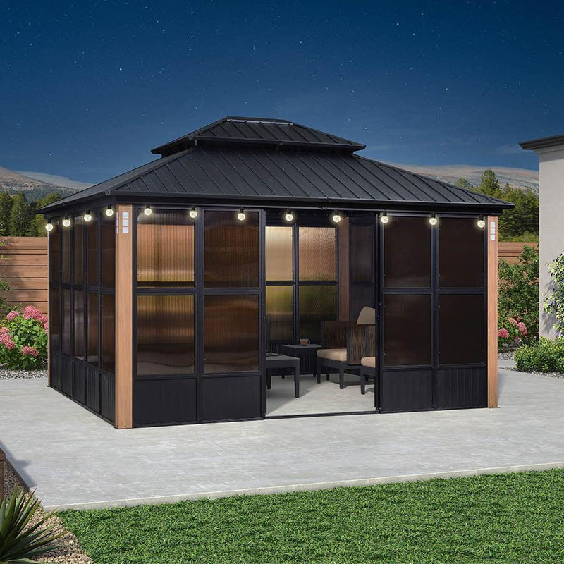 PURPLE LEAF Sunroom Hardtop Gazebo with Wood Grain Columns Black Frame ...