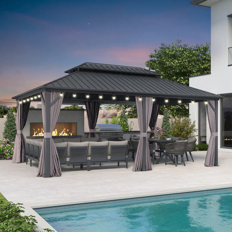 PURPLE LEAF Grey Hardtop Gazebo with Heavy Duty Galvanized Steel Double ...