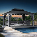 PURPLE LEAF Modern Gazebo Grey Hardtop Galvanized Steel Double Roof White Aluminum Poles with Curtains and Netting