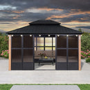 PURPLE LEAF Sunroom Hardtop Gazebo with Wood Grain Columns Black Frame Double Roof Galvanized Steel Solarium All-Weather Screen House with String Lights