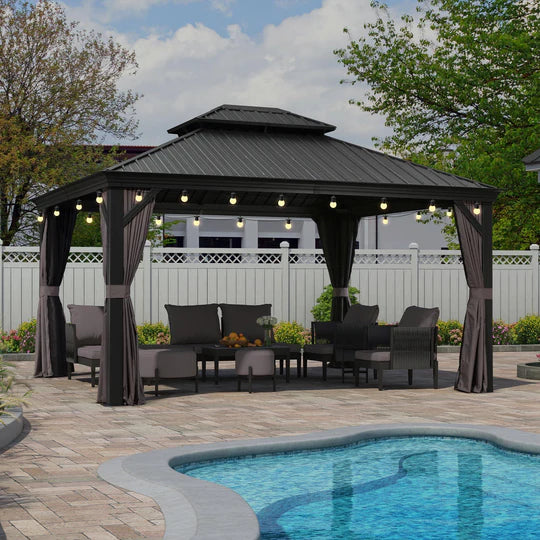 PURPLE LEAF Patio Gazebo for Backyard Grey Hardtop Galvanized Steel Roof Awning with String Lights-clear