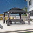PURPLE LEAF Grey Hardtop Gazebo with Heavy Duty Galvanized Steel Double Roof with String Lights-milky