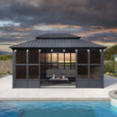 PURPLE LEAF Sunroom Hardtop Gazebo Solarium Grey Galvanized Steel Double Roof All-Weather Aluminum Outdoor Screen House with String Lights