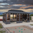 PURPLE LEAF Sunroom Hardtop Gazebo Solarium Grey Galvanized Steel Double Roof All-Weather Aluminum Outdoor Screen House with String Lights