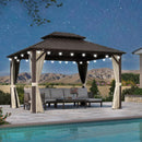 PURPLE LEAF Outdoor Hardtop Gazebo Bronze Metal Frame Galvanized Steel Double Roof with Curtains and Netting for Patio Desk Backyard