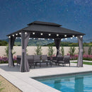 PURPLE LEAF Grey Hardtop Gazebo with Heavy Duty Galvanized Steel Double Roof with String Lights-milky