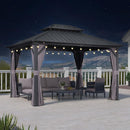 PURPLE LEAF Grey Hardtop Gazebo with Heavy Duty Galvanized Steel Double Roof with String Lights-clear