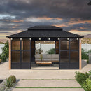 PURPLE LEAF Sunroom Hardtop Gazebo with Wood Grain Columns Black Frame Double Roof Galvanized Steel Solarium All-Weather Screen House with String Lights