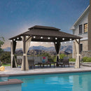 PURPLE LEAF Outdoor Hardtop Gazebo Bronze Metal Frame Galvanized Steel Double Roof with Curtains and Netting for Patio Desk Backyard