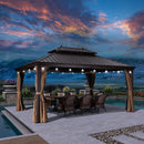 PURPLE LEAF Outdoor Hardtop Gazebo for Garden Bronze Double Roof Aluminum Frame Pavilion with String Lights-milky