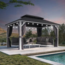 PURPLE LEAF Modern Gazebo Grey Hardtop Galvanized Steel Double Roof White Aluminum Poles with Curtains and Netting