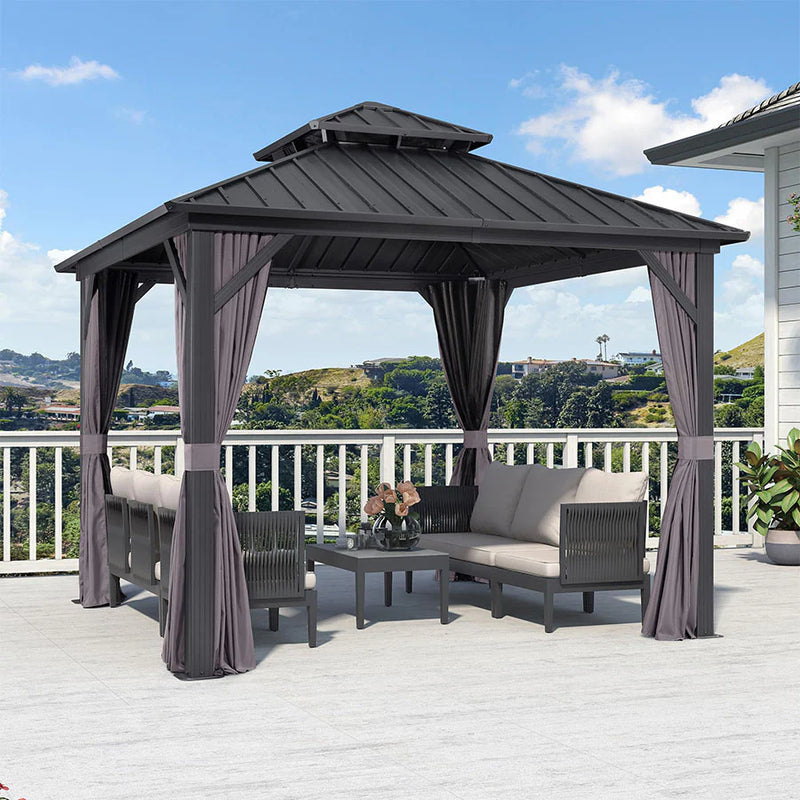 PURPLE LEAF Grey Hardtop Gazebo with Heavy Duty Galvanized Steel Double Roof with Netting and Curtains