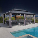 PURPLE LEAF Grey Hardtop Gazebo with Heavy Duty Galvanized Steel Double Roof with String Lights-clear