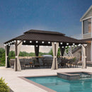 PURPLE LEAF Outdoor Hardtop Gazebo Bronze Metal Frame Galvanized Steel Double Roof with Curtains and Netting for Patio Desk Backyard