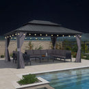 PURPLE LEAF Grey Hardtop Gazebo with Heavy Duty Galvanized Steel Double Roof with String Lights-clear
