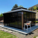 PURPLE LEAF Sunroom Hardtop Gazebo with Wood Grain Columns Black Frame Double Roof Galvanized Steel Solarium All-Weather Screen House with String Lights