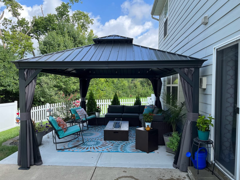 PURPLE LEAF Patio Gazebo for Backyard Grey Hardtop Galvanized Steel Roof Awning with Upgrade Curtain