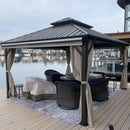 PURPLE LEAF Outdoor Hardtop Gazebo Bronze Metal Frame Galvanized Steel Double Roof with Curtains and Netting for Patio Desk Backyard